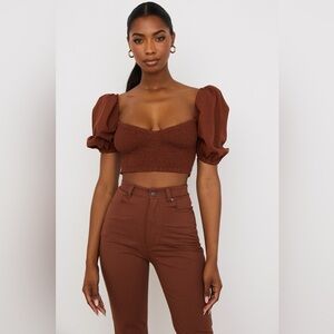 NEW HOUSE OF CB Lavanna Cocoa Puff Sleeve Cropped Top (Size M)